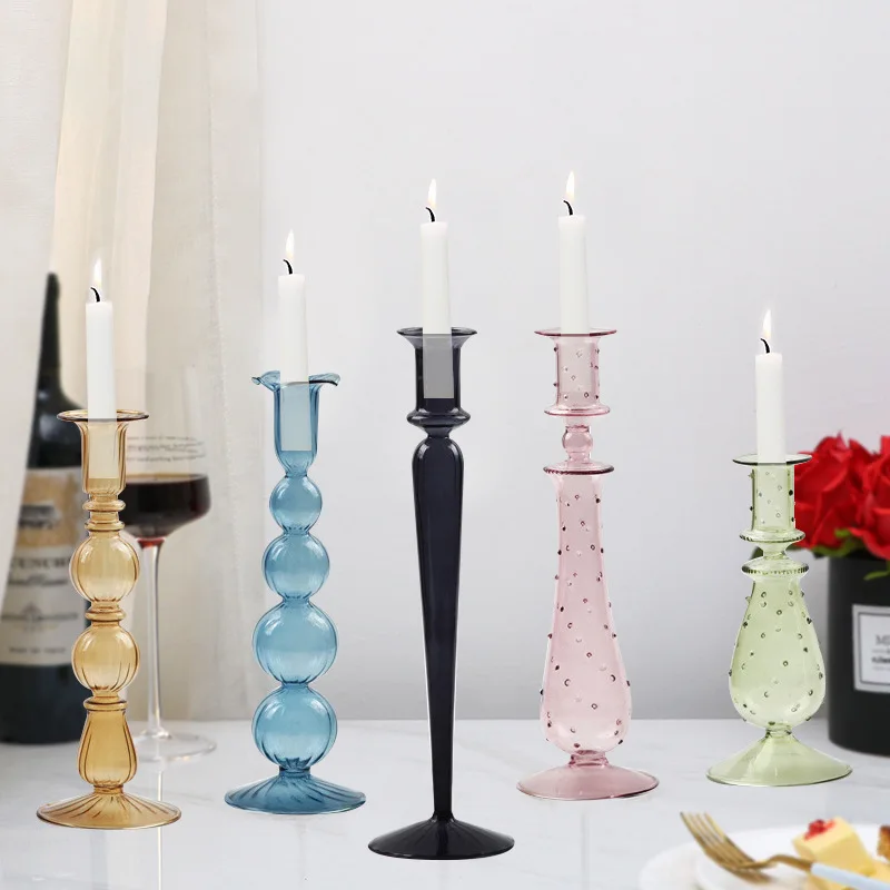 home decor tall clear crystal glass decorative black pillar candle holder for wedding decoration