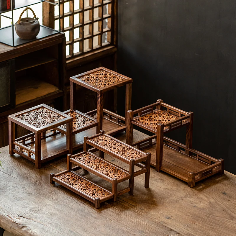 Chinese Retro Style Pecan And Walnut Shelf Tea Sets Storage Collection Desktop Storage