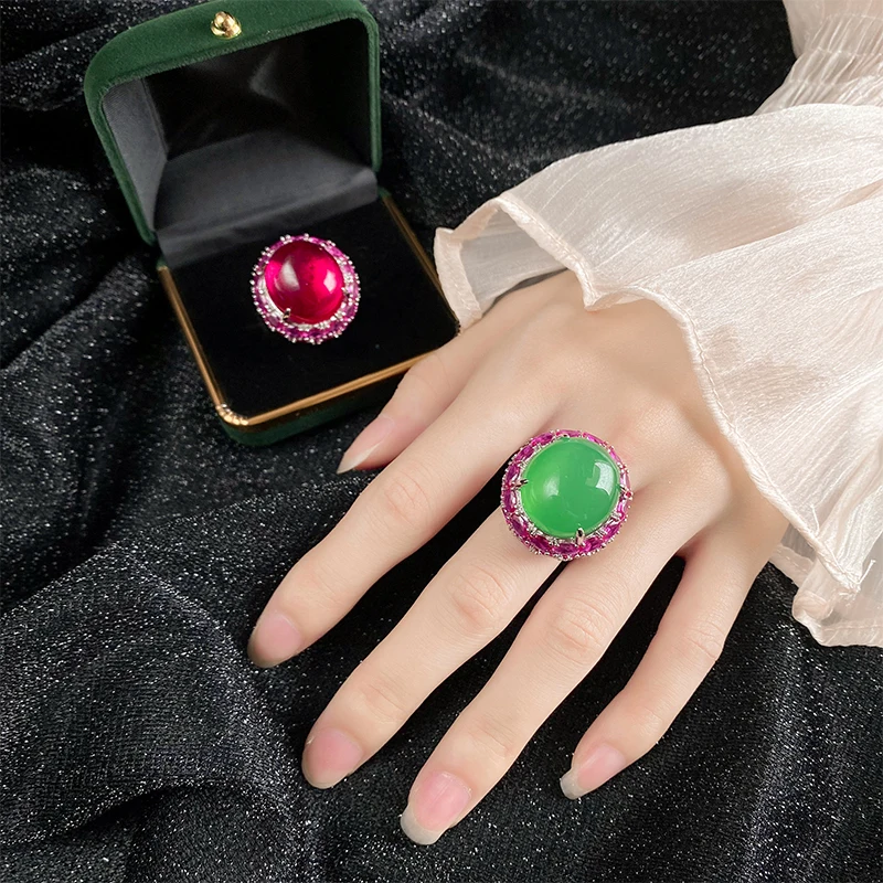 Luxury Oval Ruby Emerald Large Gemstone Rings Brass White Gold Plated Simulated Jade Ring for Women Party Jewelry Gift