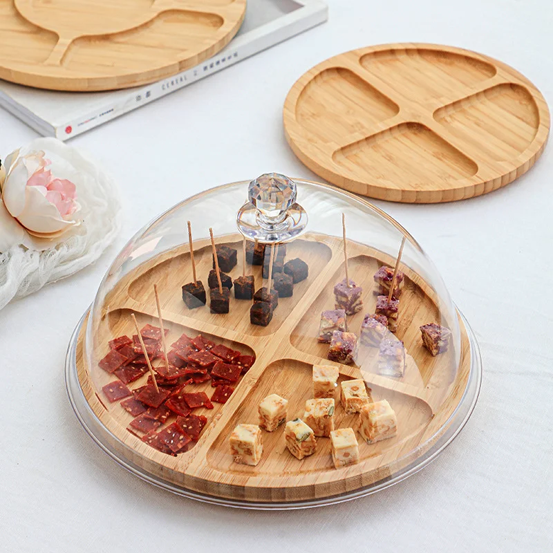 Eco-friend Round Bamboo Serving Restaurant 4 Compartment Breakfast Tray Snack Serving Plate with Lid dome cover