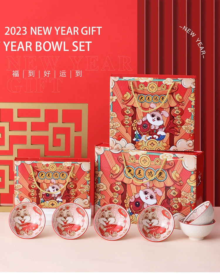 2023 Rabbit Year Ceramic Bowl Gift Set 4.5inch Rabbit Bowls with Chopsticks for Chinese New Year OEM LOGO