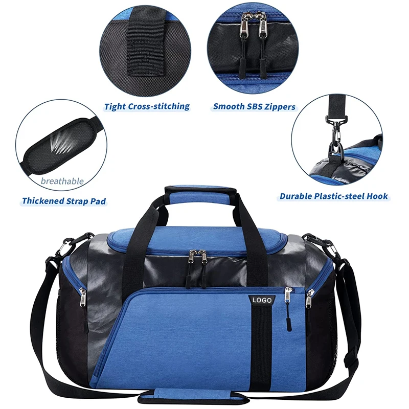 High Quality Waterproof Unisex Sneakers Travel Gym Duffle Bag 2 Bottle Holders Printed Metallic Sports Training Bag Zippered