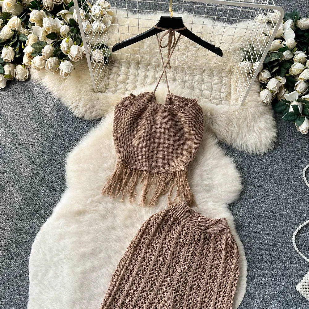 STOCK 4Colors Free Size Bikini Tank Top Tassel Knit Beach Pant Crochet Women Two Pieces Set