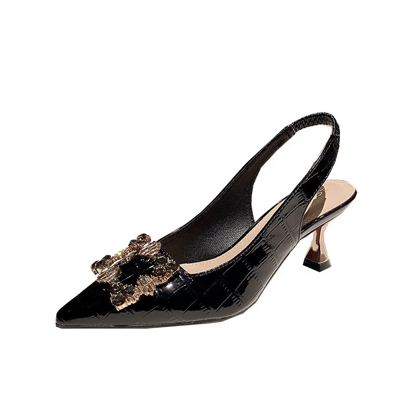  2021 Fall New Backspace High Heels Pointed Shallow Mouth Fashion Rhinestone Square Buckle Temperament Single