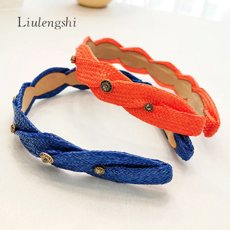 Fashion Summer Season Braid Rattan Woven Hair Band Hair Accessories Beach Raffia Straw Weaving Crystal Headband for Women