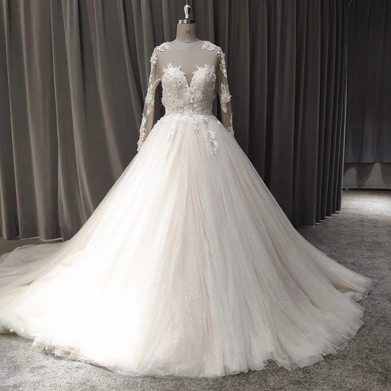 Baiyi Wholesale Cheap Price Sexy Glitter Tulle Lace Top Embroidery Rhinestones Gossamer Wedding Dress 3D Flower D18113