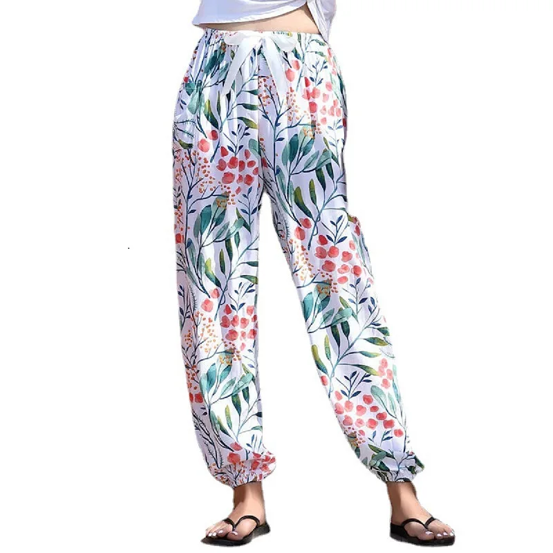 New Women Cotton Silk Pajama Trousers Summer Thin loose casual Yoga pants Rayon Household harem Pants Printed Beach Pants