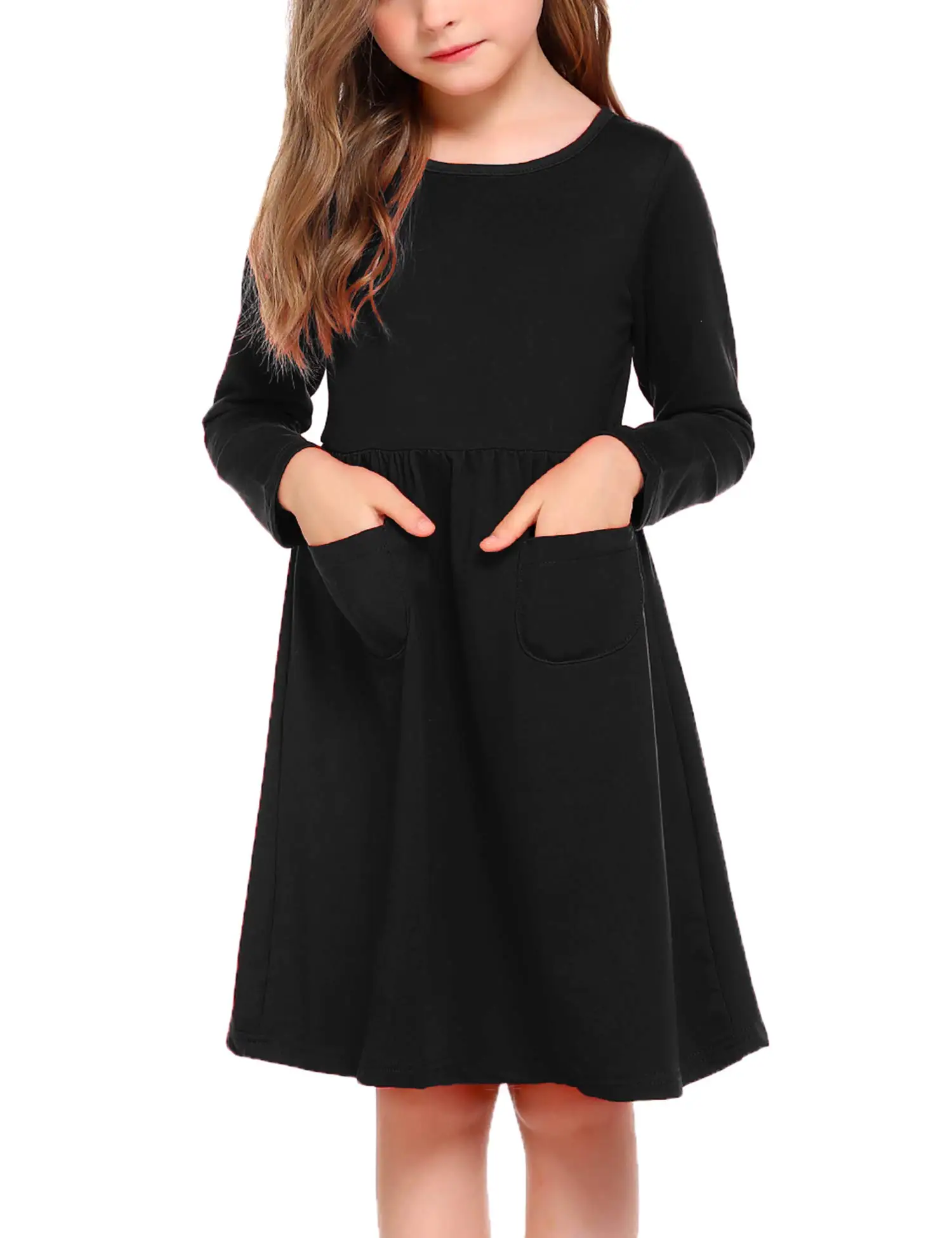 Solid Color Casual Skater Pocket daily dresses for girls simple 3 year girl baby birthday dress long sleeve girls new dresses