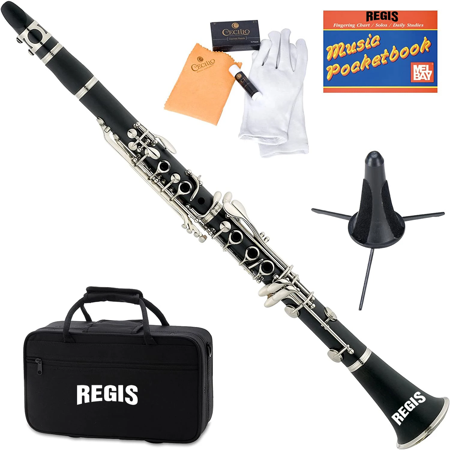 REGIS Cecillo Bb Clarinet w/Case - Best Beginners Clarinet for Students, Adults and Kids w/Stand,  Mouthpiece and 10 Reeds