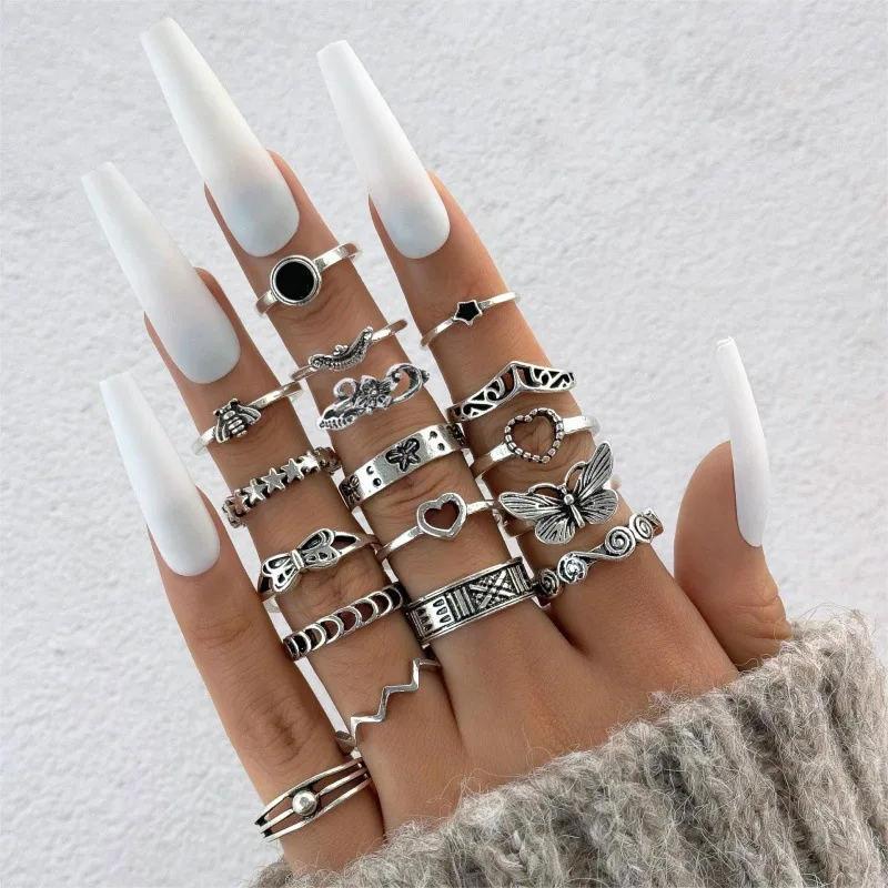 17 PCS Silver Color Geometric Ring Set For Women Vintage Heart Star Bee Butterfly Charm Finger Ring Female Boho Jewelry