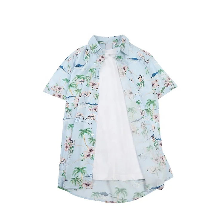 China manufacturer trendy cartoon tropical printed viscose short-sleeve hawaiian beach men shirt