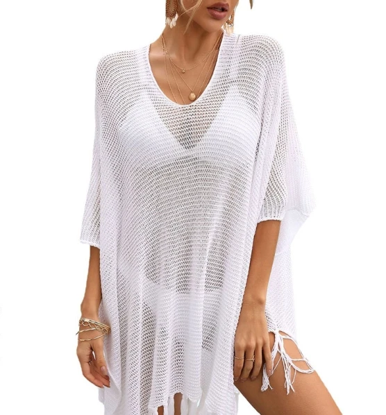 summer Crochet Hollow Out Fringe Batwing Sleeve Beach Cover Up beach dress solid beachwear