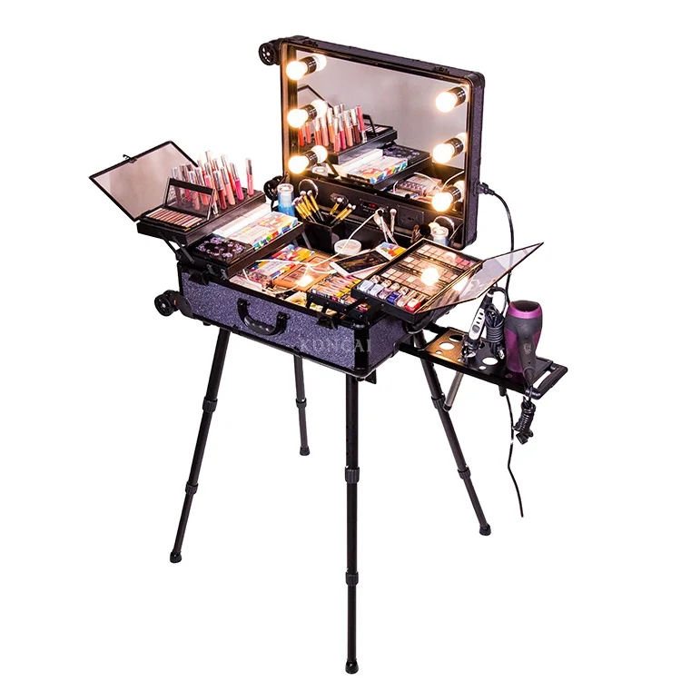 high quality makeup travel rolling carry case cosmetic beauty trolley suitcase with lights (1600401469220)
