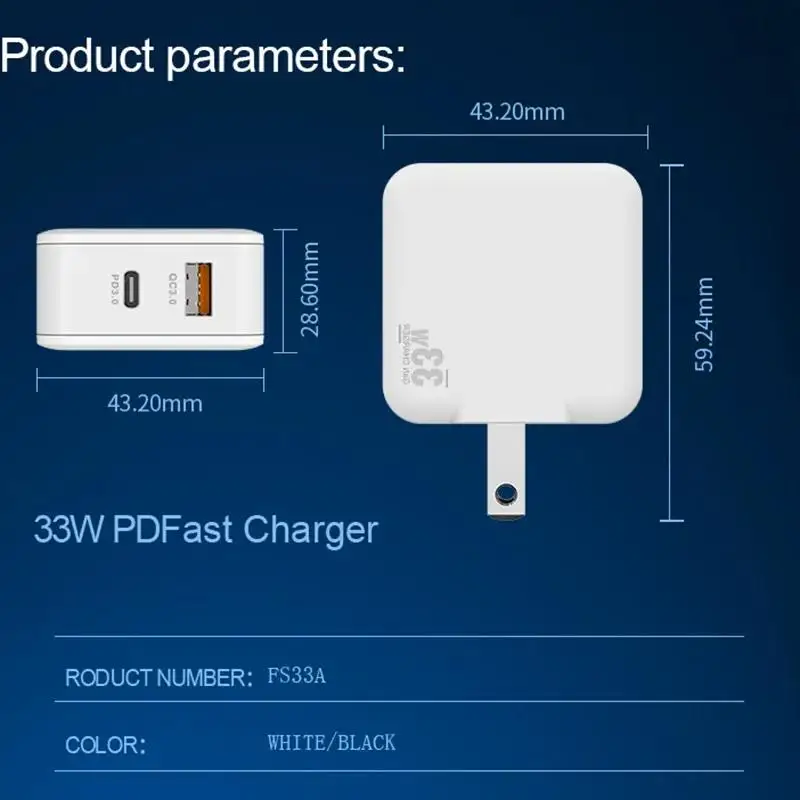 Pogo Foldable Interchangeable US EU Plug 2 Port PDCertified 33W Fast USB C Charger Type C Charger PPS Wall Adapter