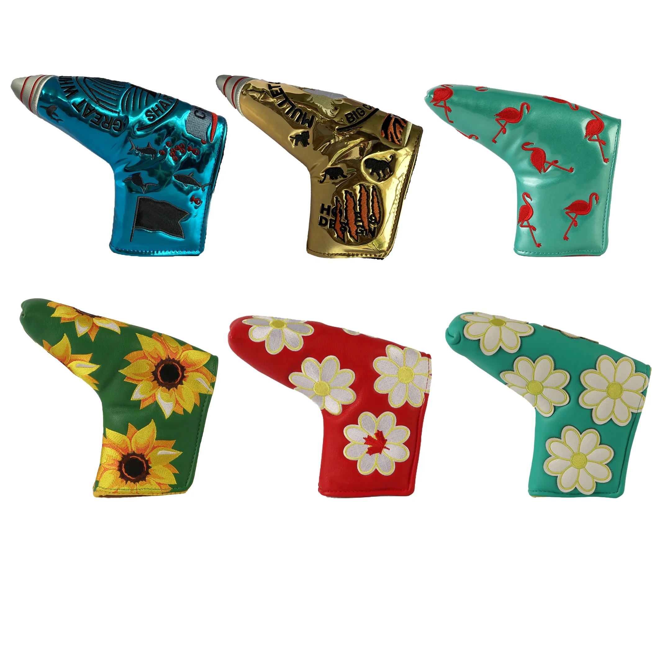 Green Embroidery Magnetic Closure Custom Logo Blade Putter Headcovers Genuine Leather Golf Putter Headcover