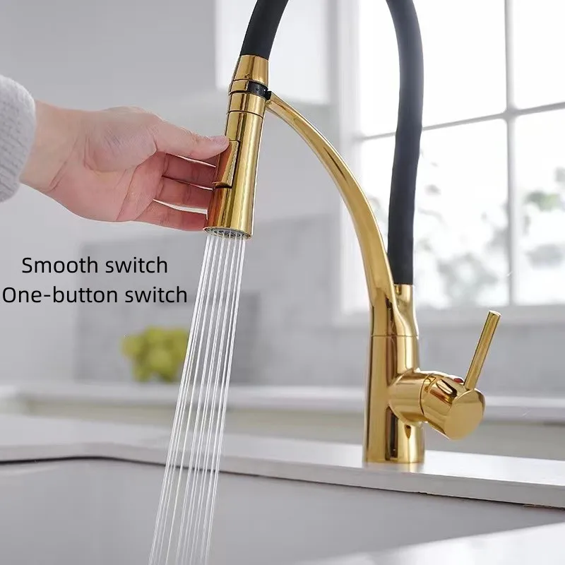 High-End Luxury Brass Gold Kitchen Faucet 360-Degree Rotation Dual Function Sprayer Pull Out Faucets Hot And Cold Water Tap