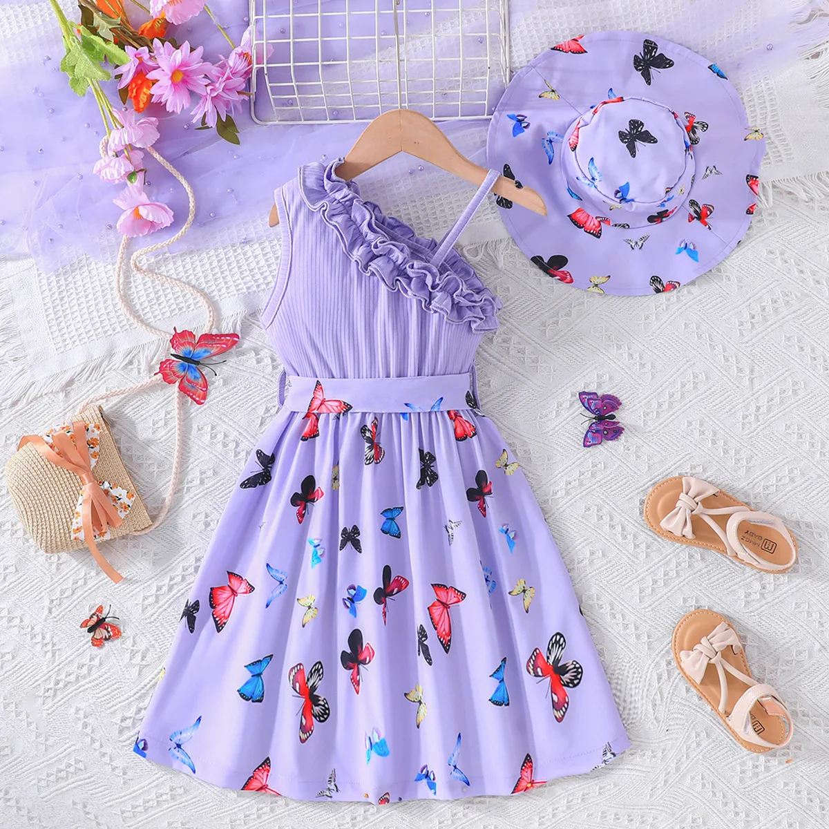 2024 Stock New Design Children Clothes Summer Kids Printed Floral Long Baby Girls Dress with Sun Hat