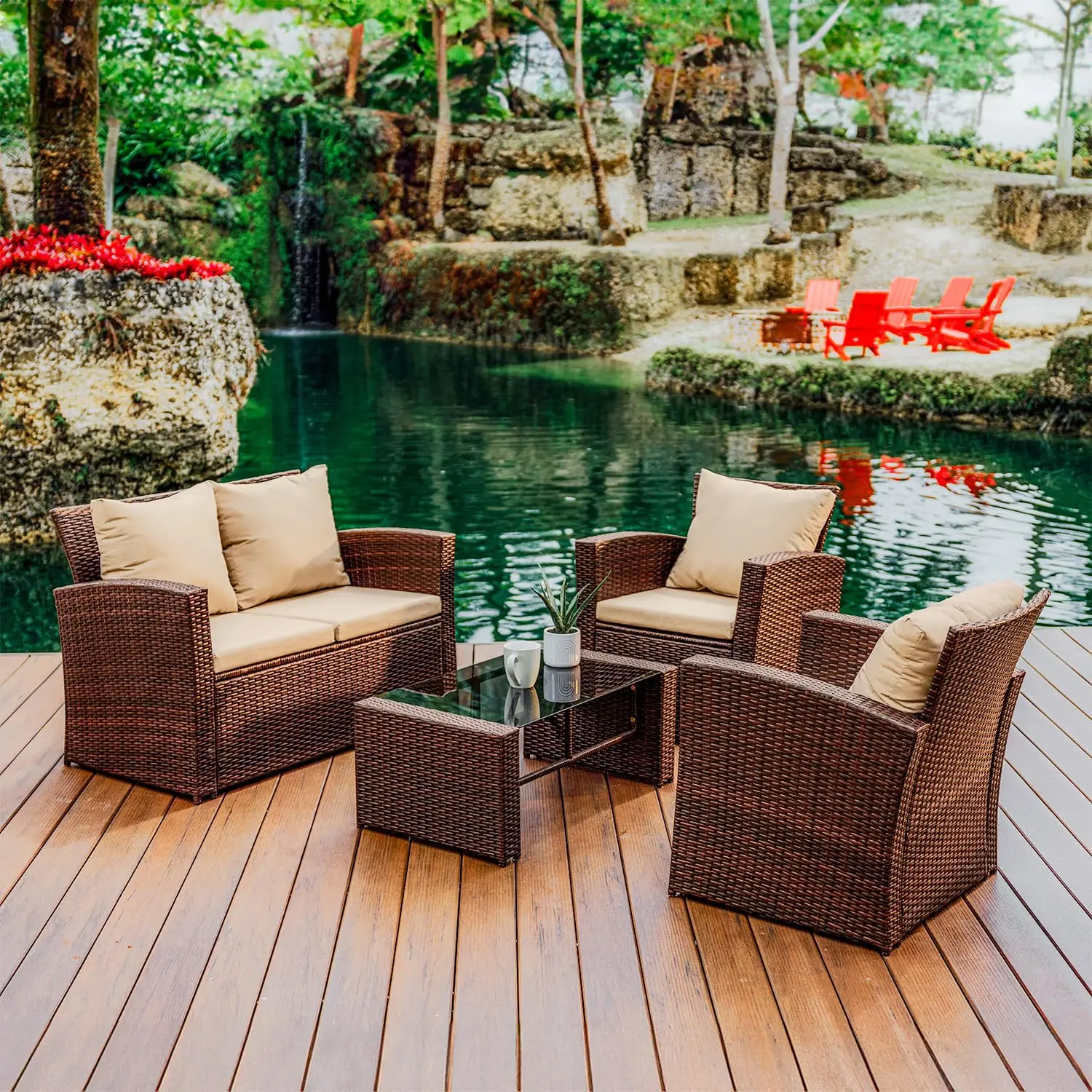 Wholesale Custom Outdoor Furniture 4 Pcs Wicker Steel Frame Garden Balcony Coffee Garden Rattan Patio Sofa Table And Chair Set