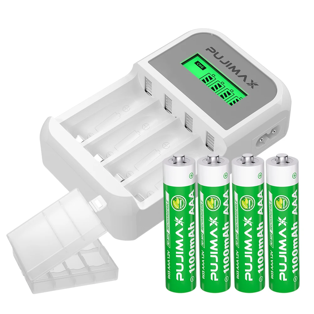 PUJIMAX Portable NiMH 1100mAh Rechargeable Battery 1.2V with 4-Slot Portable Charger for Remote Control, Toys, Clock, Flashlight