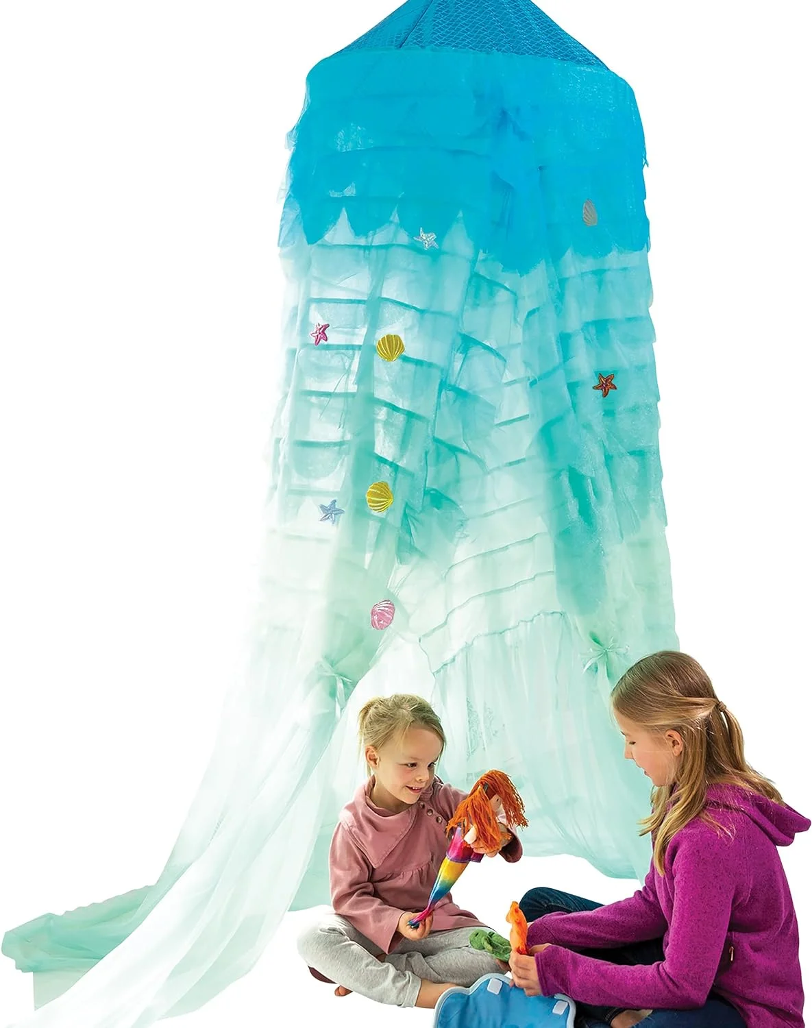 Mermaid Blue Scalloped Gauze Canopy, Indoor Mermaid Light-Up Canopy, Sewn-in LED Lights, 20 Stick-On Shells and Starfish