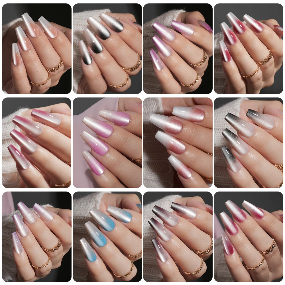 Wholesale Wear False nails 30pcs long and short Coffin Gradient Cat Eye Press on Nails Tip with glue sticker set