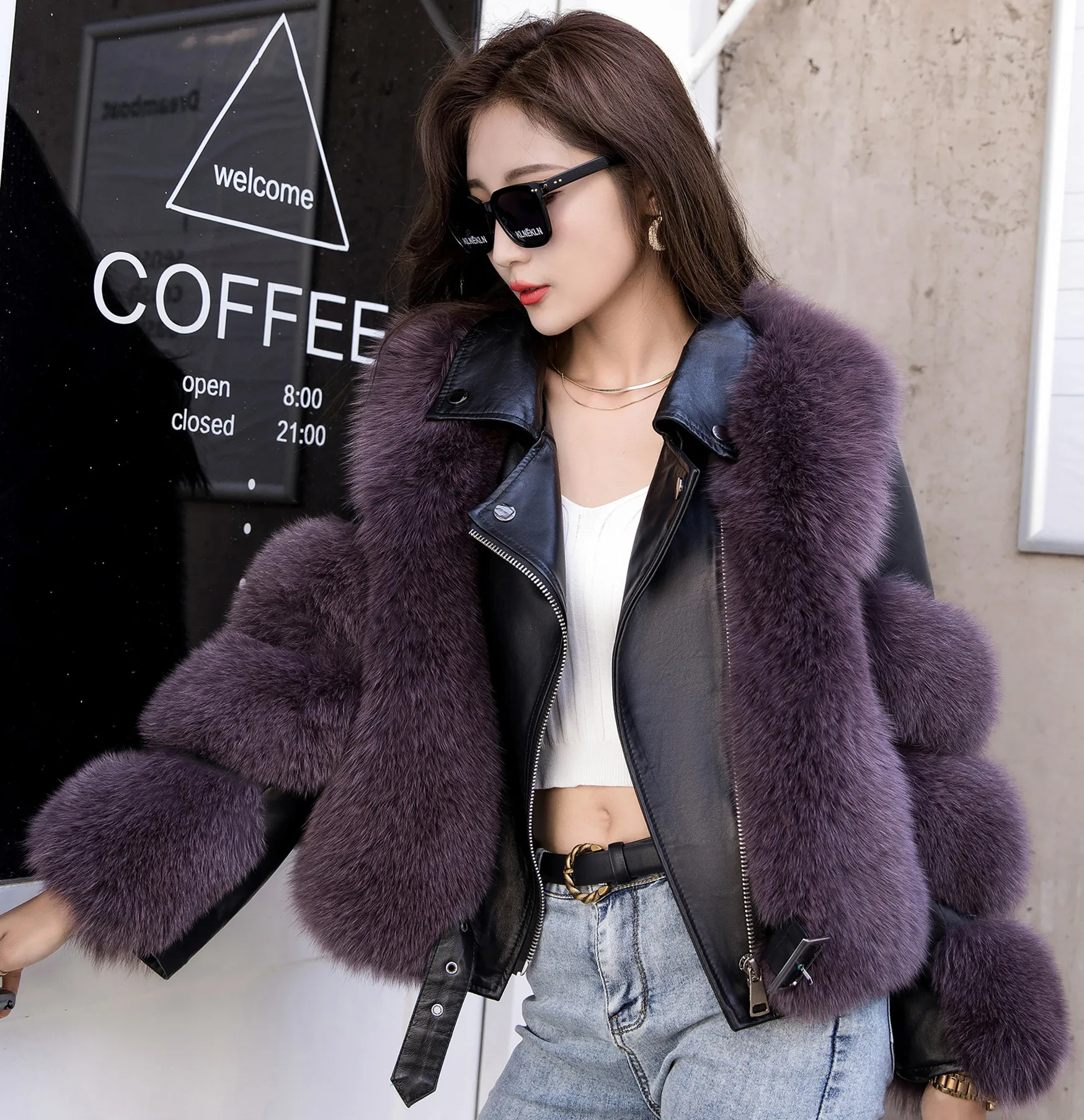 
2021 Fox coat lady Locomotive clothes Real sheepskin coat Fox hair + sheepskin Fur zipper diagonal collarTrendy street 