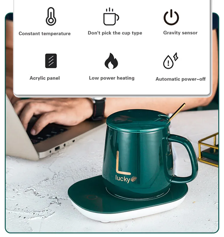 USB Charge Heating Temperature Control 55 Degree Ceramic Coffee Cup Gift Box Set  Mug Cup With Mat
