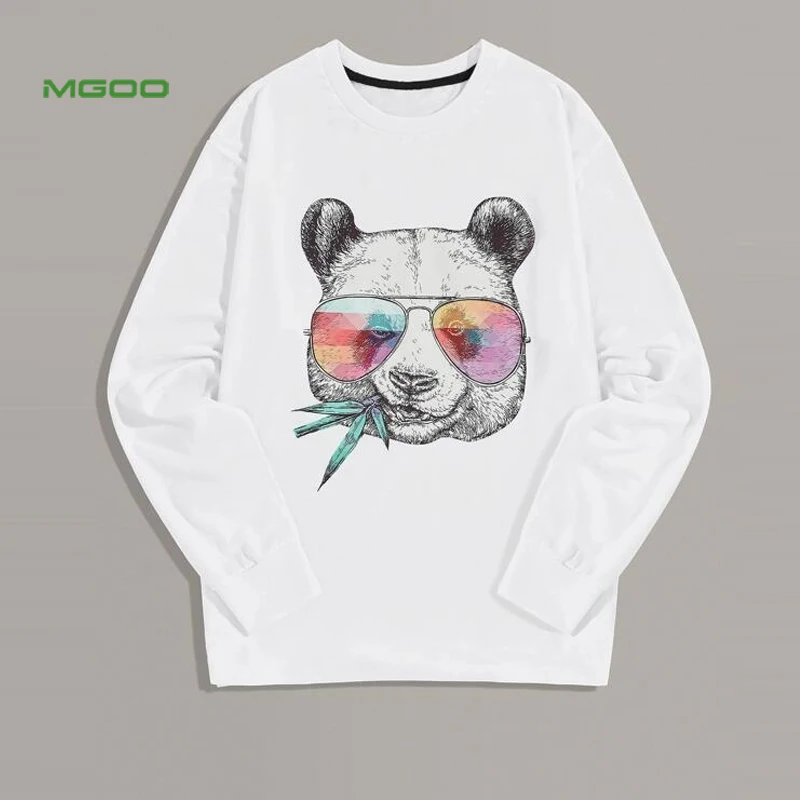MGOO OEM 95% Polyester White Panda Print Long Sleeve Casual Men T Shirt