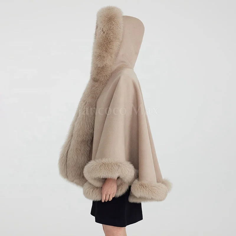 New Coming Real Fox Fur Poncho Women with Hood Cashmere Fur Shawl Cape
