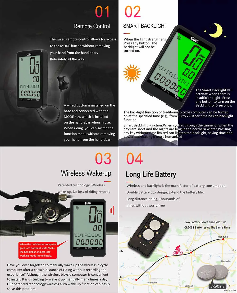 Sunding Bike Computer Wired Bicycle Computer Cycle Speedometer Cycling Odometer Bike Meter Accessories Speed Sensor Waterproof