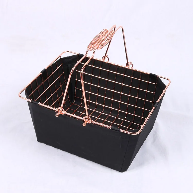 Manufacturer Direct Wholesale Rose Gold Cosmetics Store Shopping Basket Metal Wire Mesh Basket with Cloth Sleeve