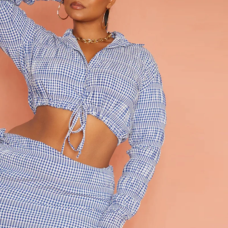 Fashion elegant women casual long sleeve drawstring crop blouse gingham slim midi skirt plus size two piece set