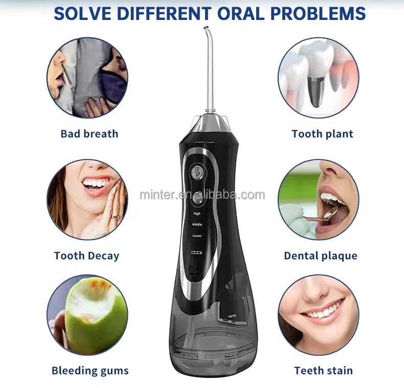 Portable and Rechargeable 300ml Water Tank IPX7 Water Proof Cordless Water Flosser Teeth Cleaner for Home and Travel