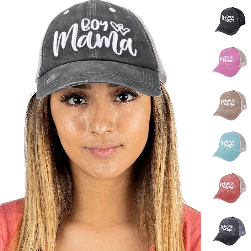 Customized simple embroidery baseball hat with pony tail distressed vintage mesh hats washed custom trucker cap dad hat