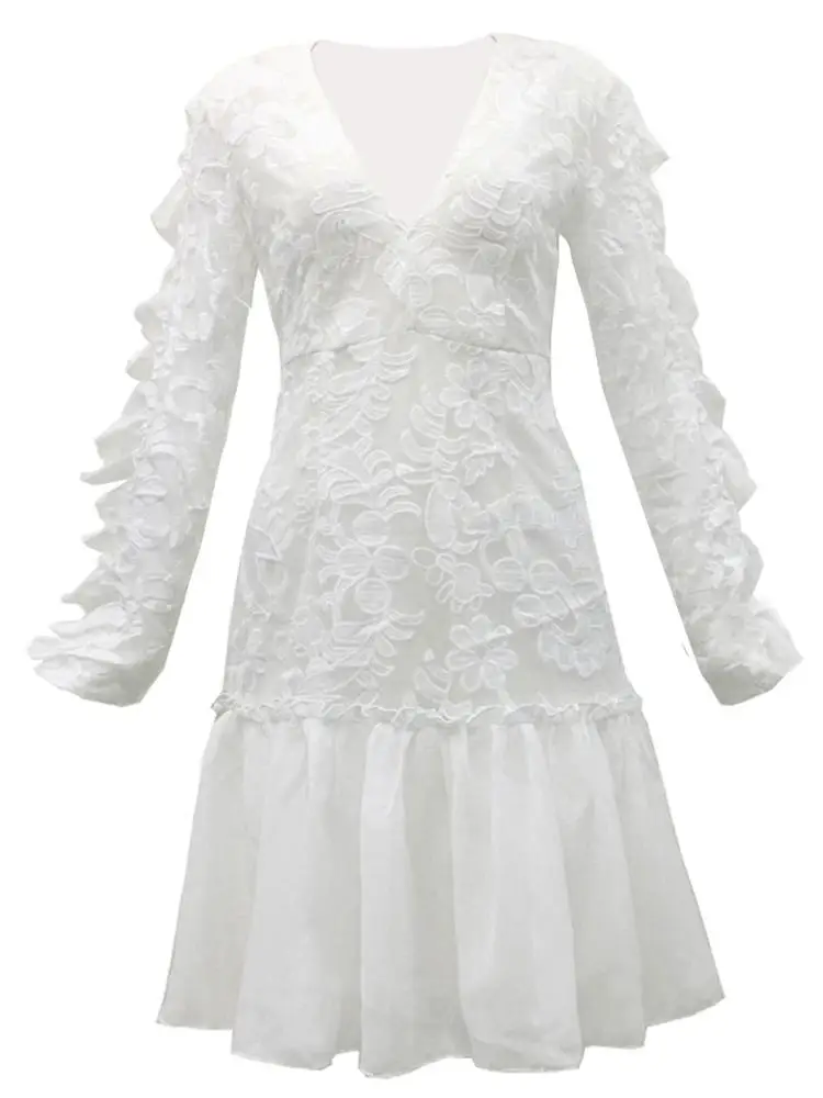 Hot Item Women Ruffled Long Sleeves Elegant Embroidery Mesh Chiffon Sexy Mini Dress For Autumn