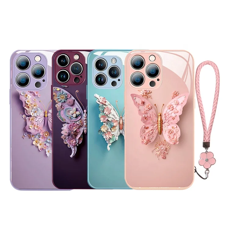 Luxury Flat Butterfly Pattern Phone Cover For Iphone 15 Pro 14 13 12 Pro Max 11 Shockproof Bumper Tempered Glass Case