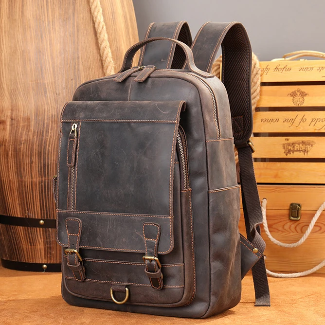 Retro Style men genuine leather laptop backpack school bag genuine leather backpack oem