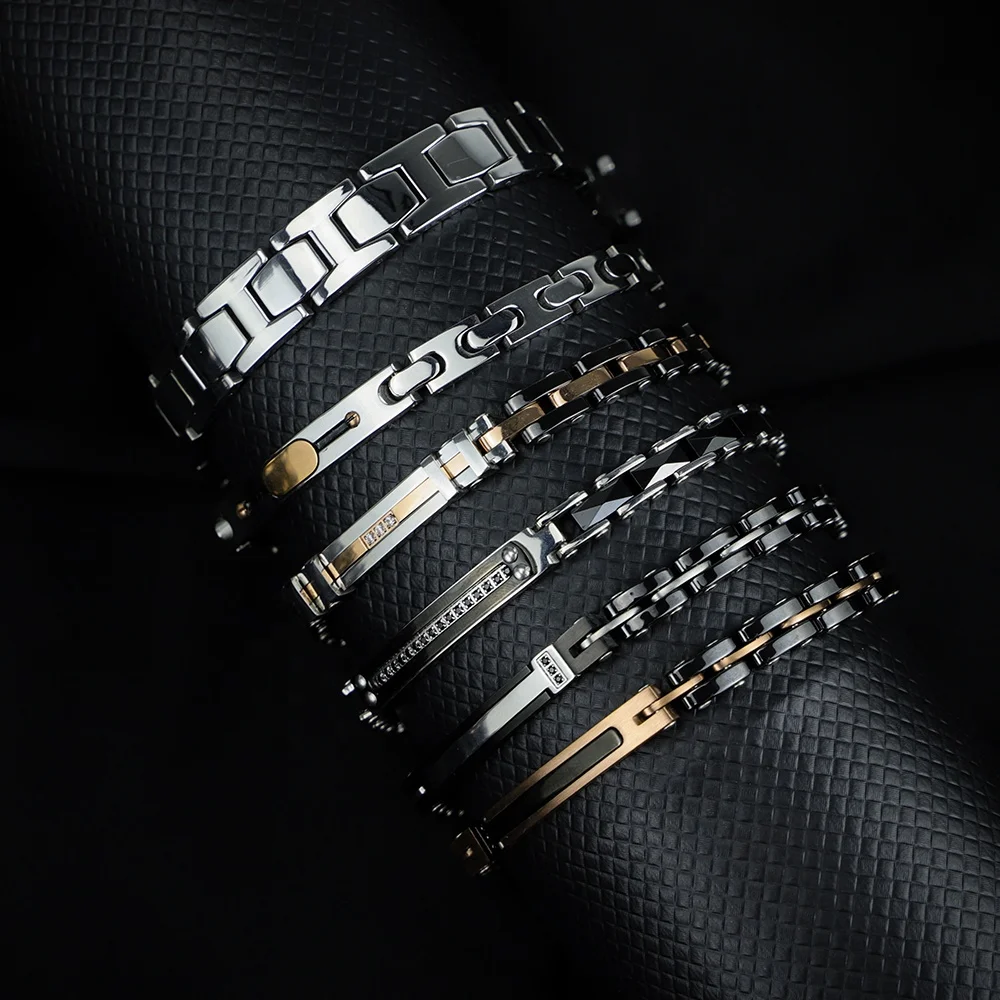Custom Logo Bracelet Men Jewel Surgical 316 Polished Steel Steel Rose PVD Bracelet Black Ceramic and White Zircon