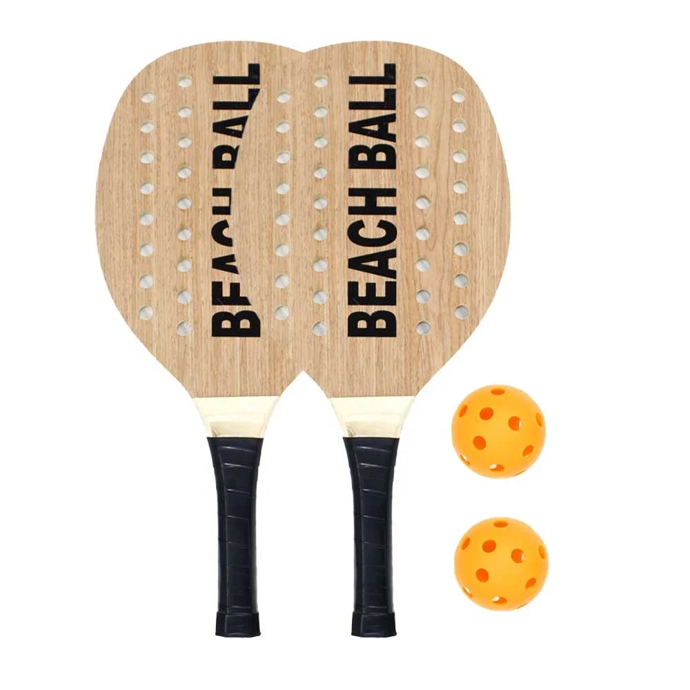 New Beach Paddle Game Set  wooden beach paddle +black  handle with 2 rackets 2 pickleballs and a mesh bag PG014