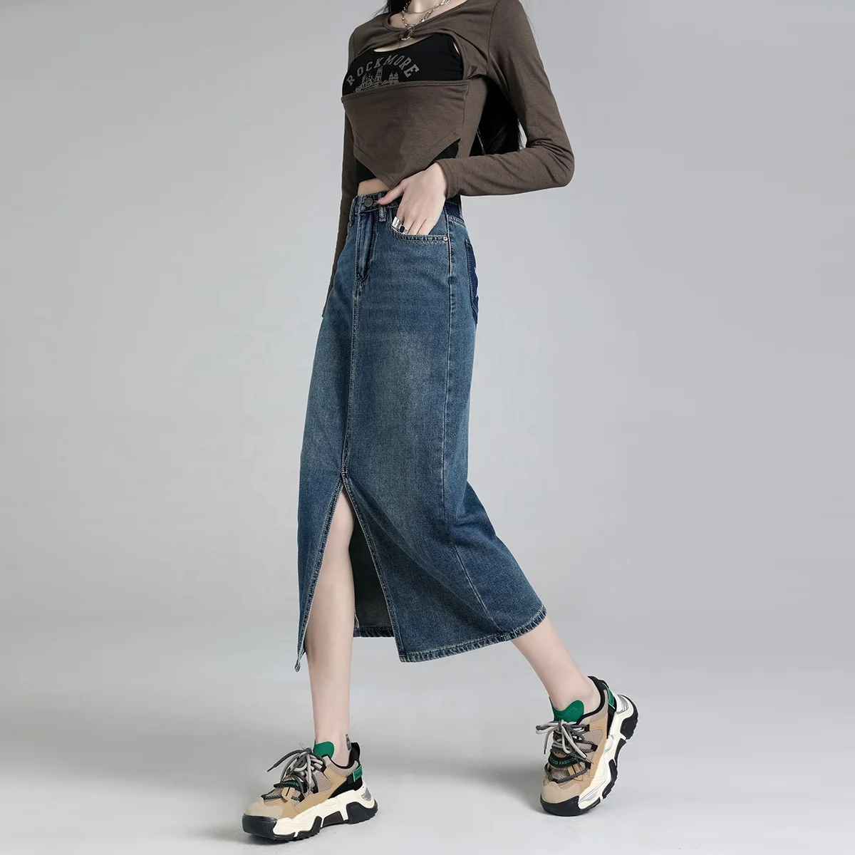 Super soft yarn denim casual split color pocket design sense ins loose all matching high Fanny pack hip skirt