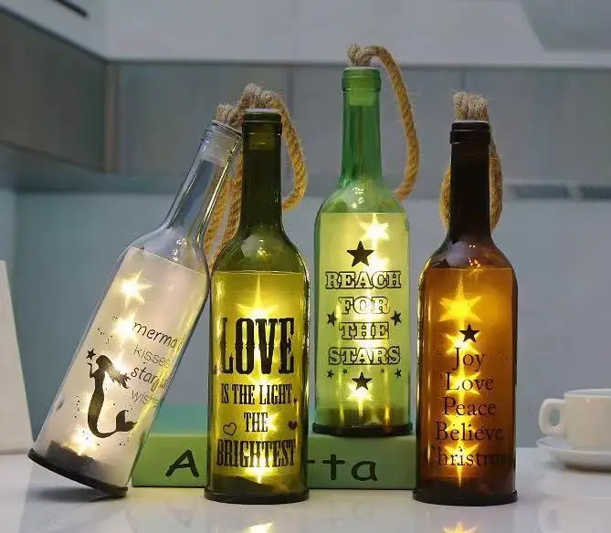 Christmas Decorative Creative Handicraft Lamp Room Decorative Round Wine Glass Light Bottles With Hanging Hemp Rope
