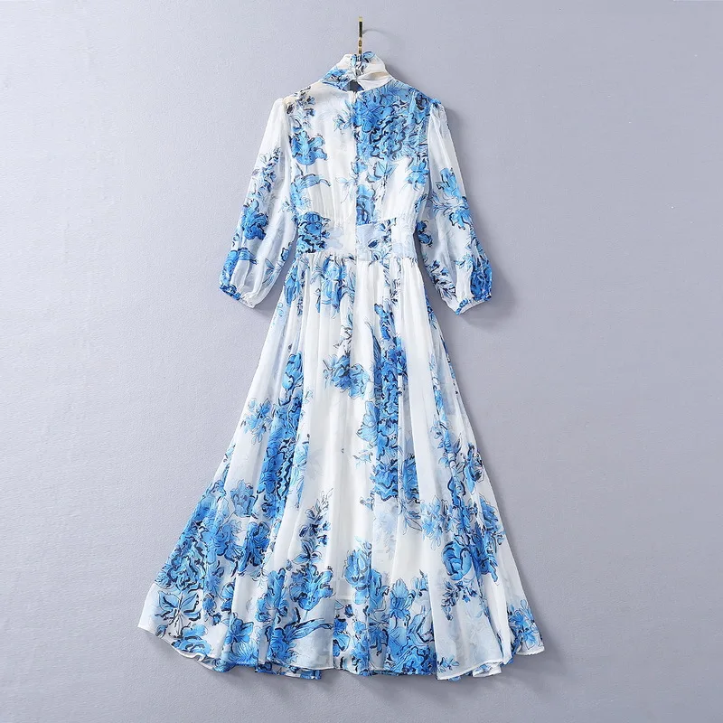 Blue And White Porcelain Long Dresses Summer New Elegant Chiffon Dress With Large Swing Fashion Silk Scarf Neck Bow Print