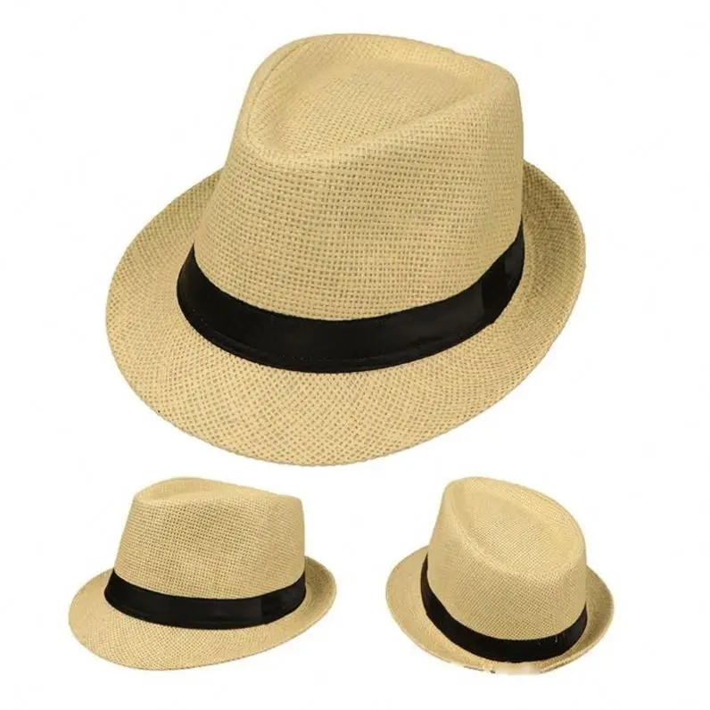 Men Women Summer Beach Jazz Panama Trilby Fedora Straw Dress Hat Male Short Brim Beach Cap Sun Hat