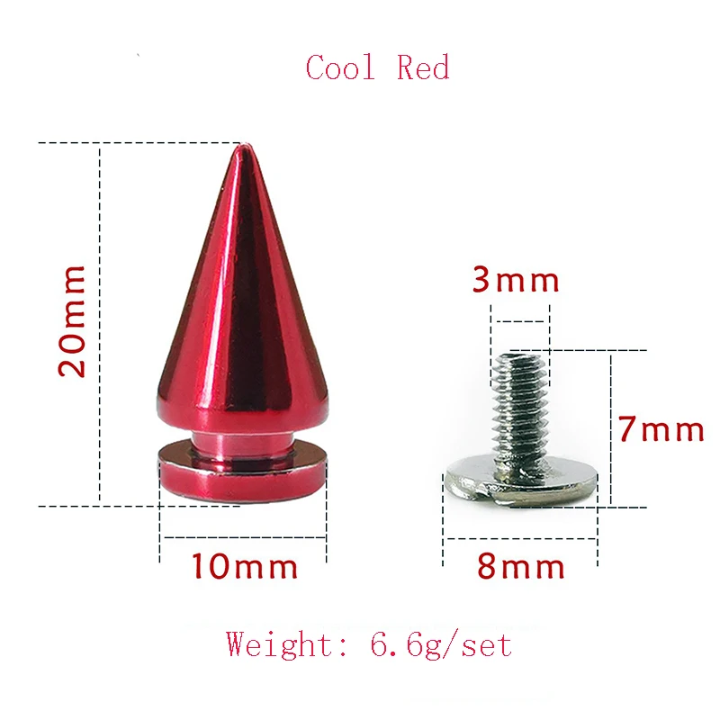 High Quality 10x20mm Leather Punk Brass Jeans Spikes Cone Rivets Screw Studs For Garment Red/Fuchsia/Purple