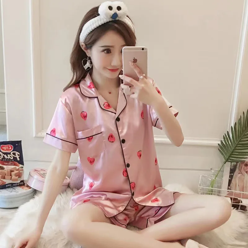 Ice Silk Satin Summer 2 PCS Pajamas Set Women Short Sleeve Fashion Hot Women Sleepwear For Home Outdoor Wear