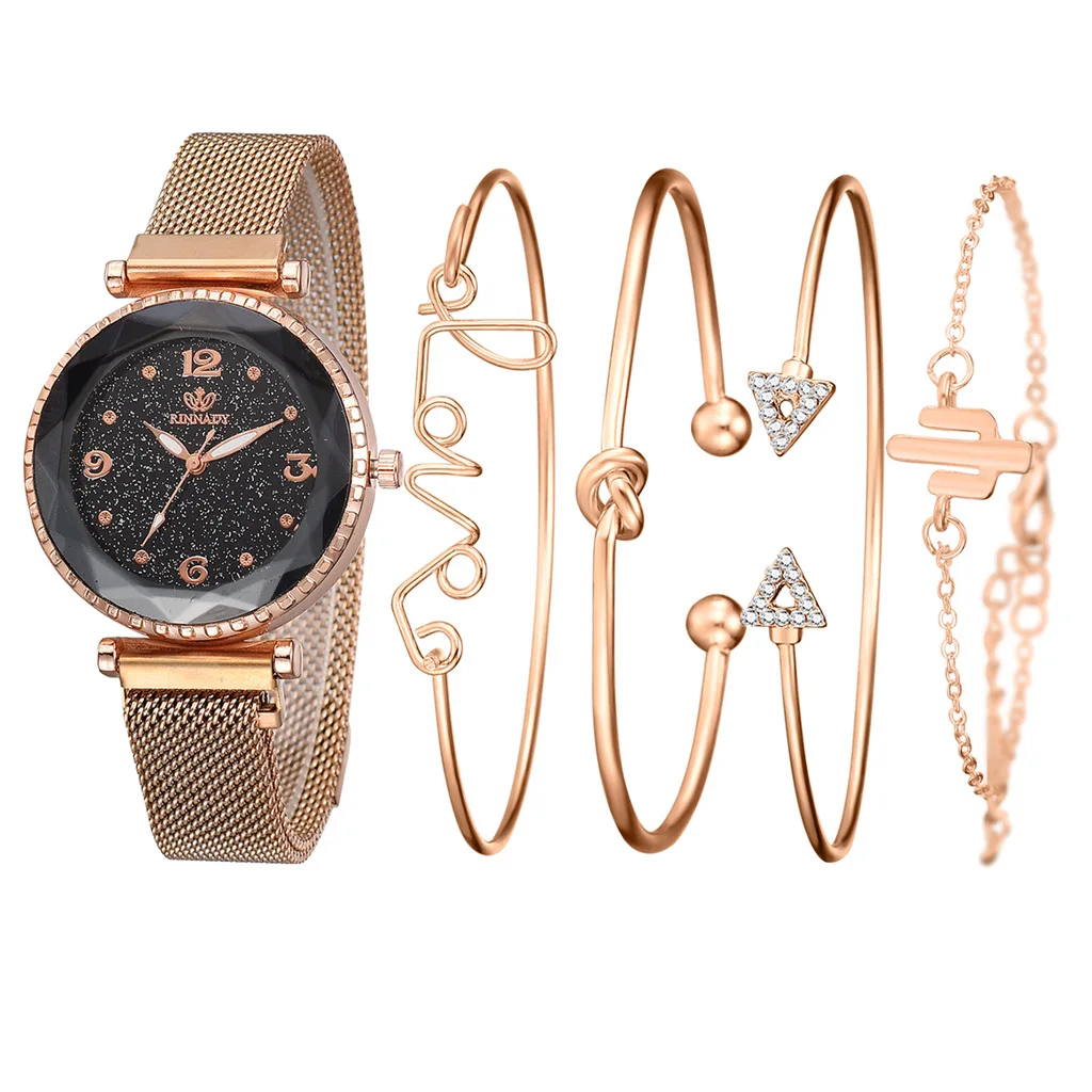 Luxury Brand Rose Gold Starry Sky Dial Watches Women Ladies Crystal Bracelet Quartz Wrist Watch 5 PCS Set Relogio Feminino