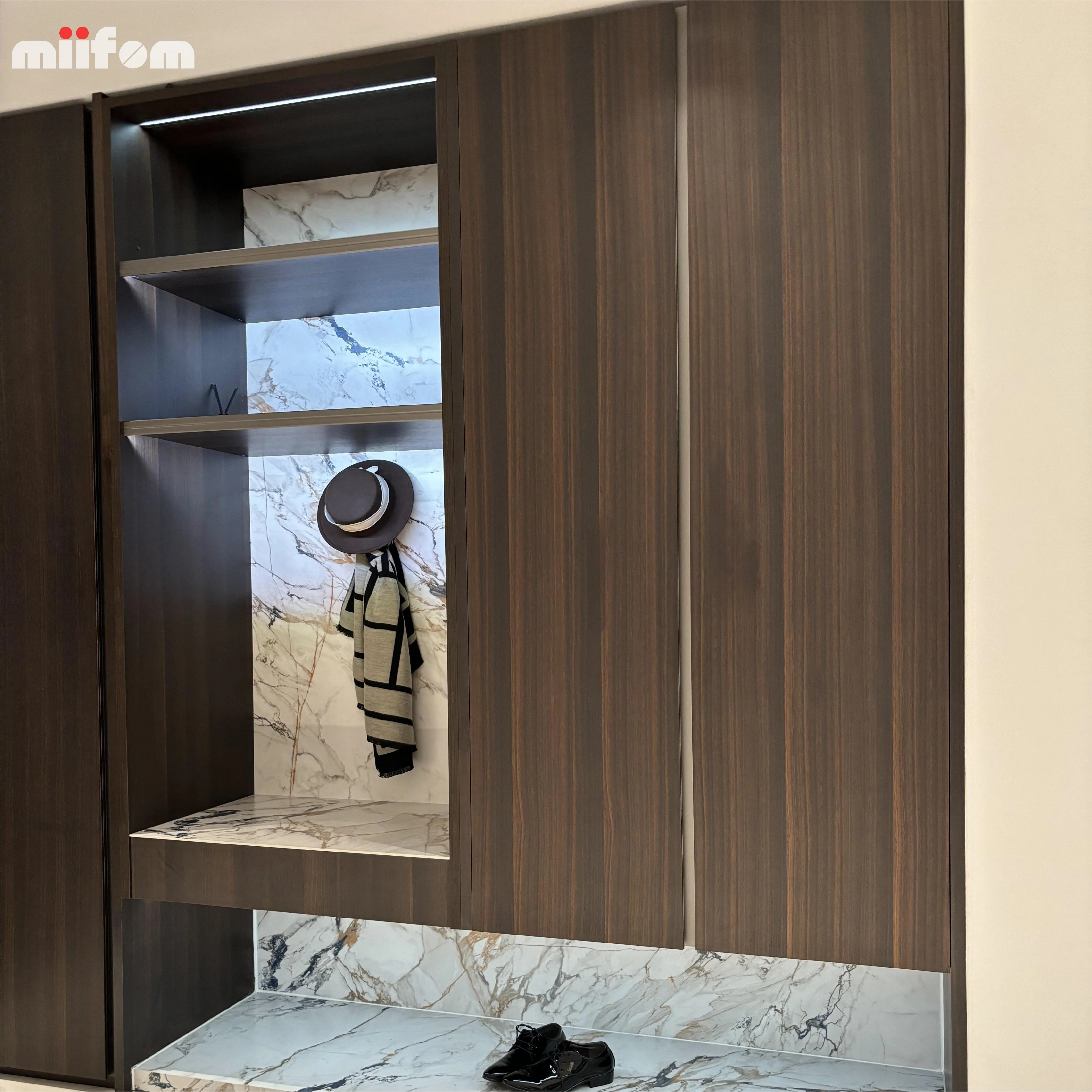 smoked oak hollow out design sense from floor to celling handles home shoes cabinet with open hanging clothes area
