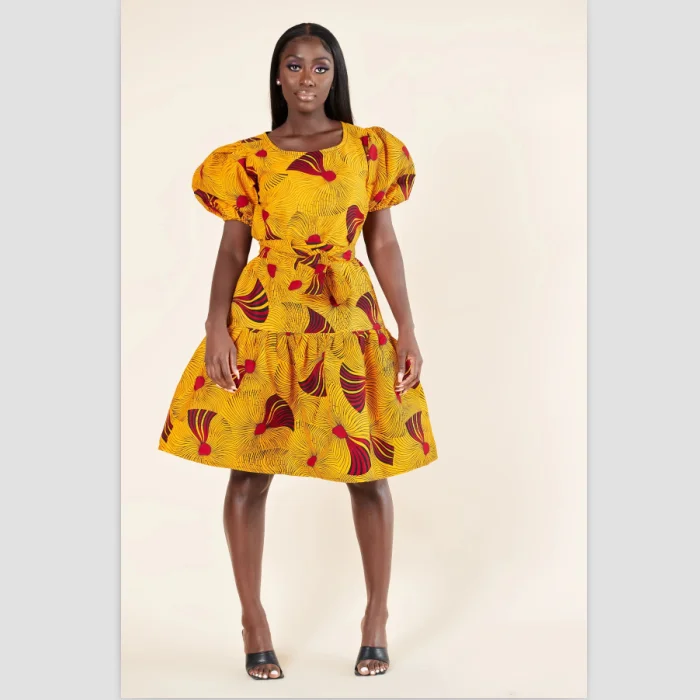 
wholesale African Casual Print dress short sleeve round neck Detachable belt for dresses Dress 