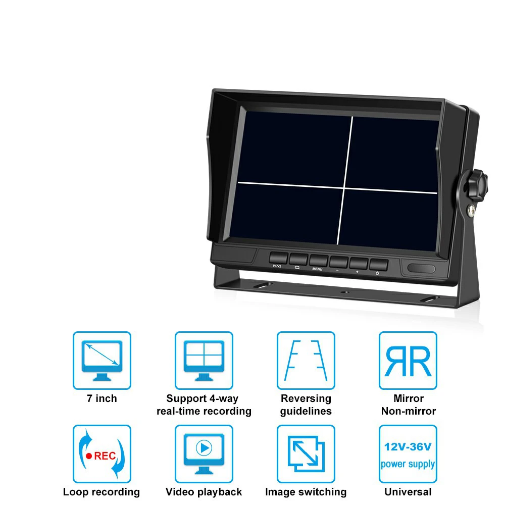 7 inch IPS Car Video Recorder HD Rear View Parking Monitor 12-24V Truck Bus 4CH/Quad Display