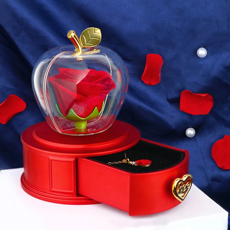 2025 Christmas Apple Shaped Eternal Flower Acrylic With Jewelry Box For Valentines Day Preserved Rose Ring Necklace Gift Box